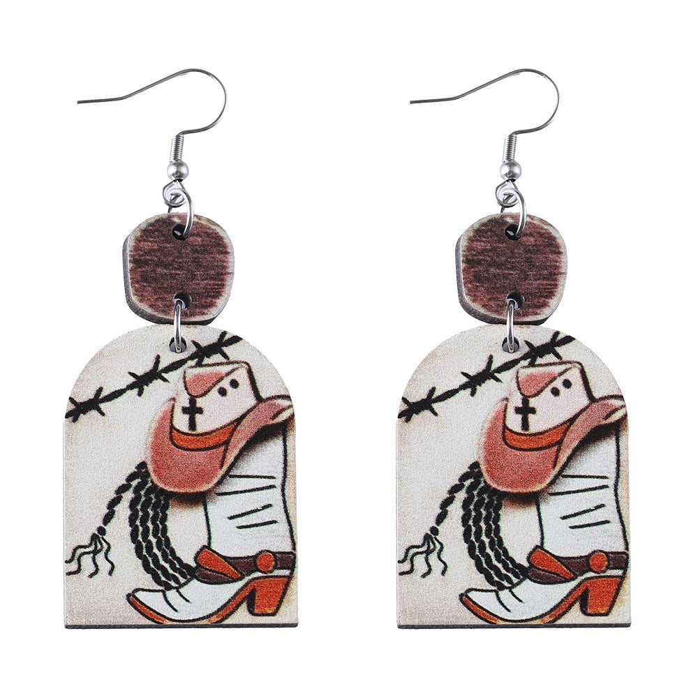 Wholesale Western cowboy cartoon ing double-sided wooden earrings